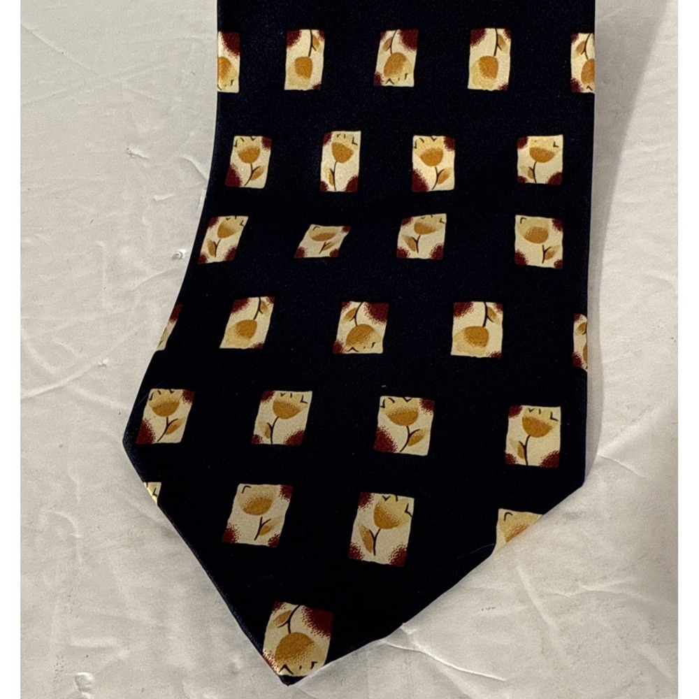 Dunhill Navy Blue Yellow Orange Abstract Floral Check 100% Silk‎ Tie-Handmade